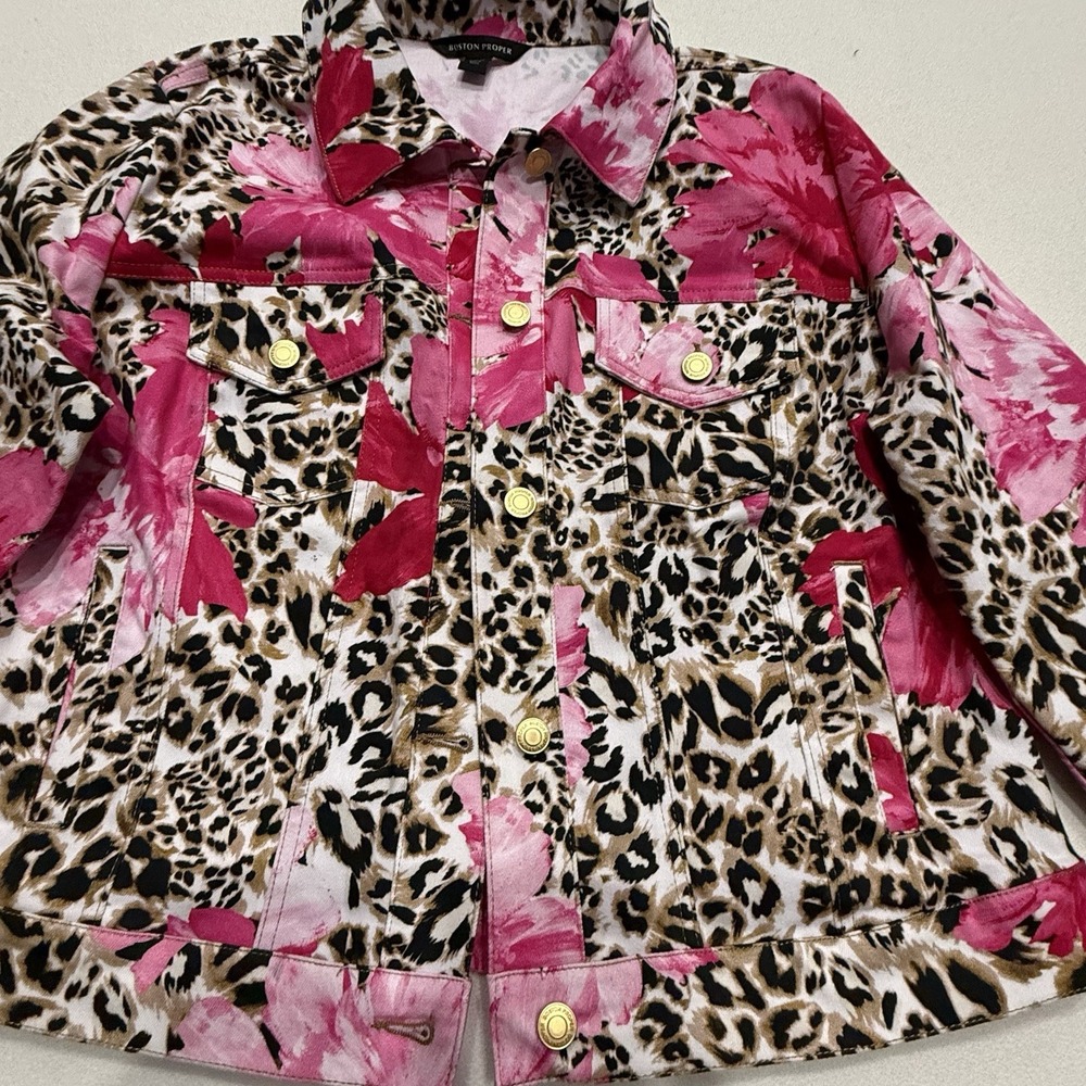 Boston Proper Cheetah Blooms Print Denim Jacket Pink Brown XL 2CN1480